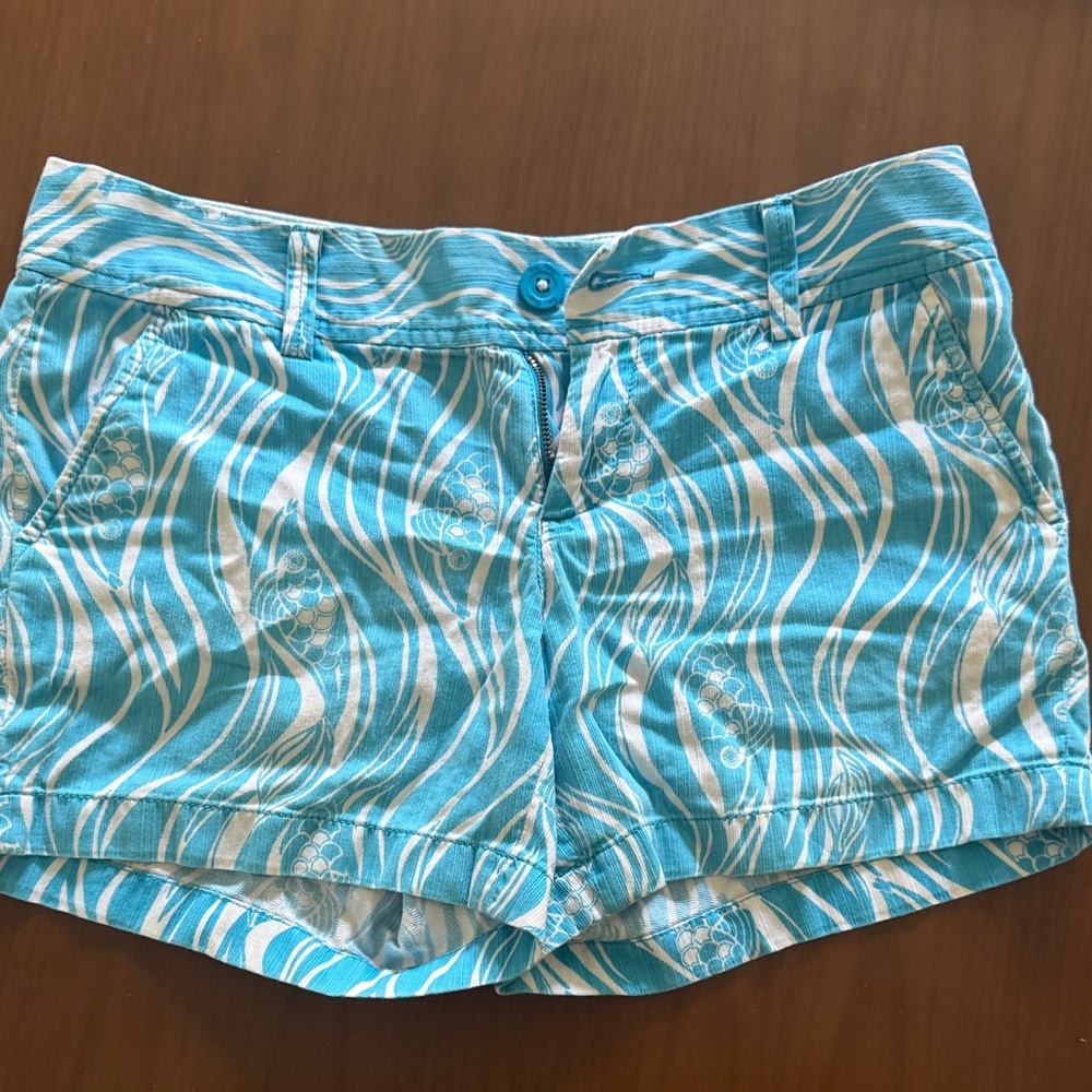Lilly Pulitzer Turquoise and White Wave-Print High Waist Shorts